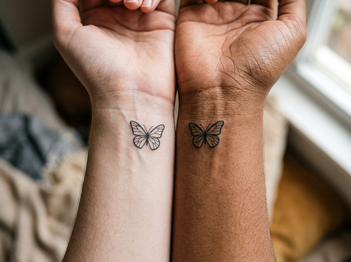 Matching butterfly wrist tattoos on two people