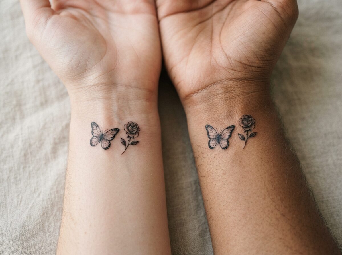 Two matching tattoos, each a small butterfly beside a rosebud on the inner wrists of two friends