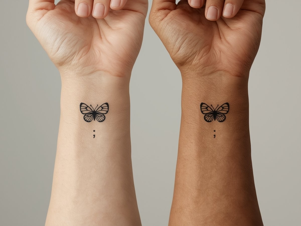 Two matching semicolon butterflies, one on each wrist on the inner wrists of two friends
