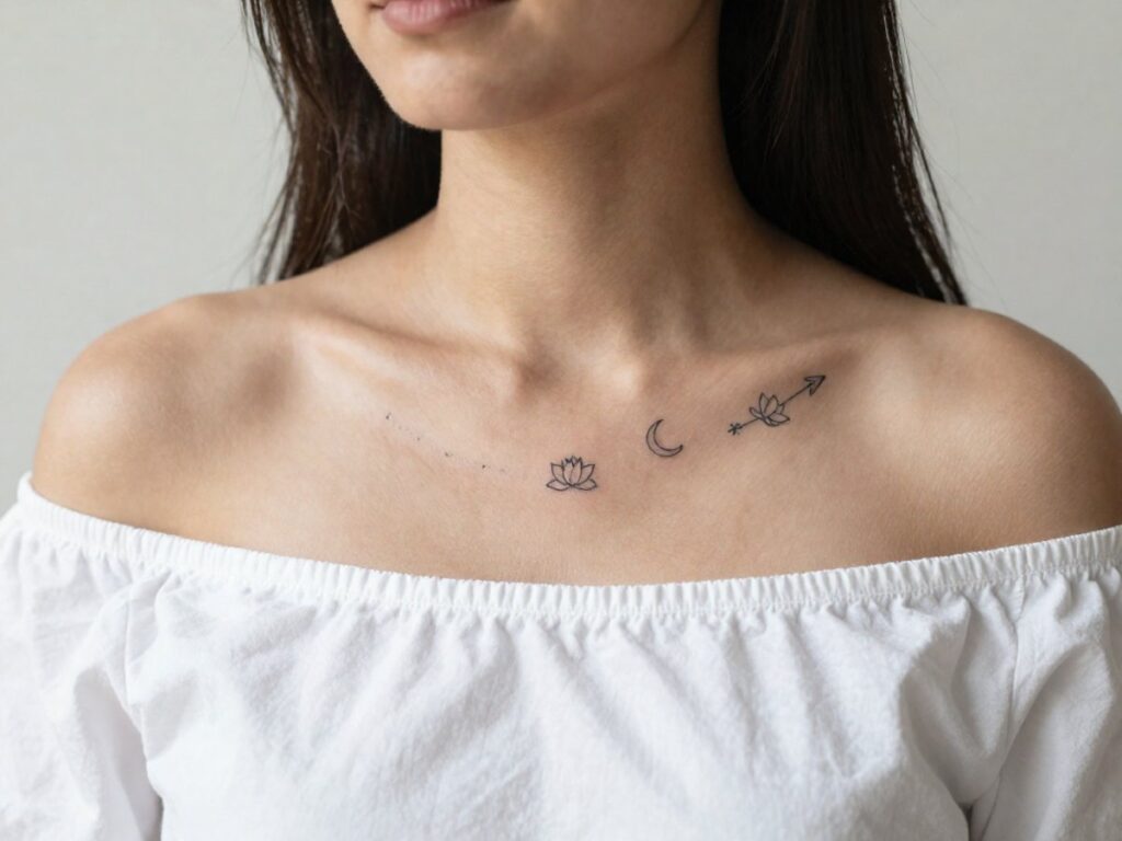 Meaningful tattoos for women: fine line symbol tattoos on the collarbone