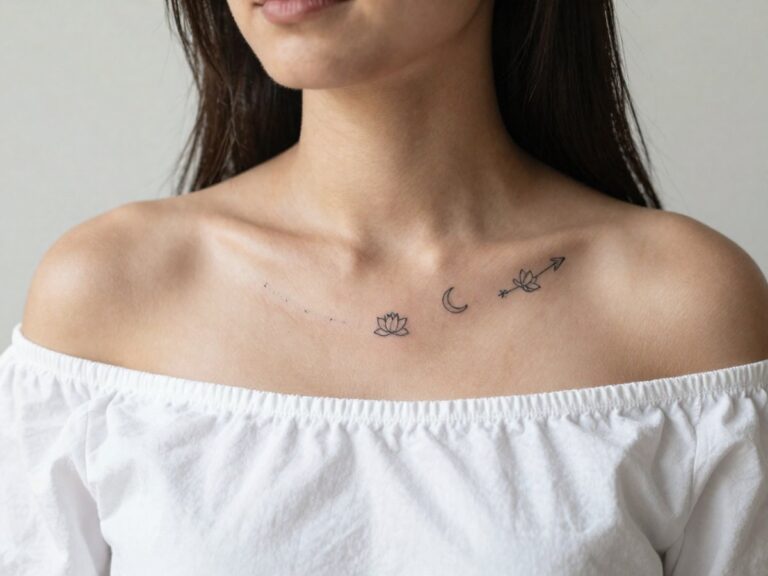 Meaningful tattoos for women: fine line symbol tattoos on the collarbone