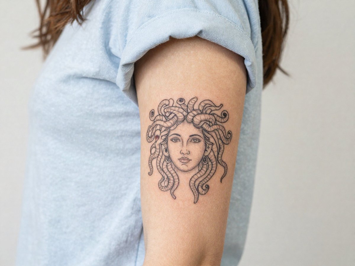 Fine line Medusa head with snakes for hair tattoo on the upper arm