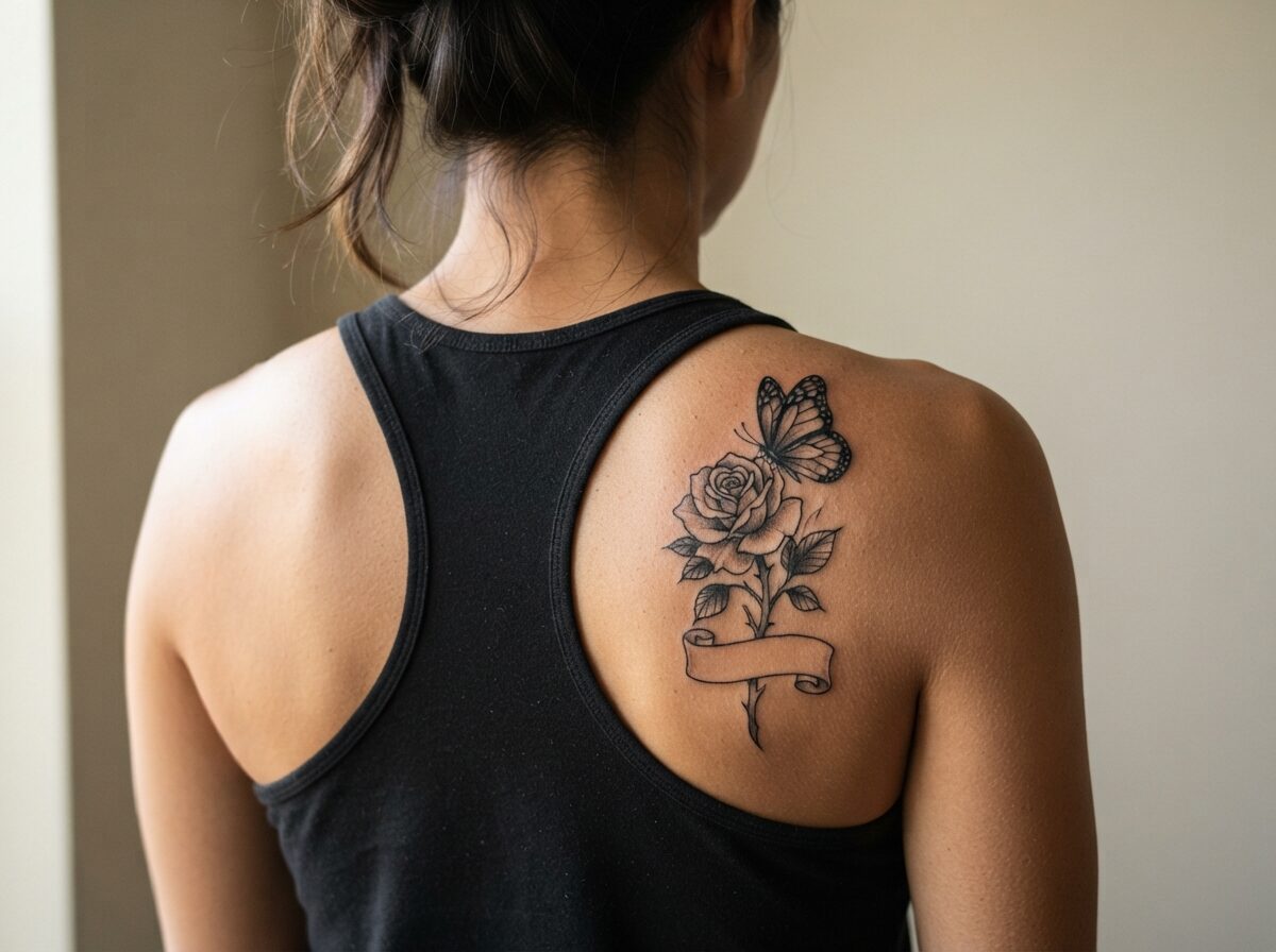 A butterfly lifting off from a rose with an empty banner under the stem on the shoulder blade