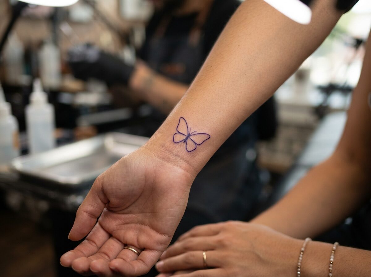 A small minimalist butterfly outline stencil on the inner wrist