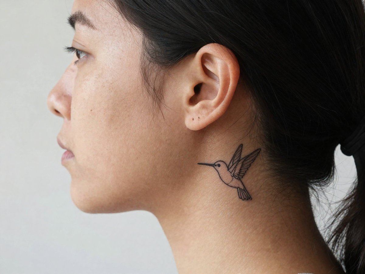 Tiny minimalist black outline hummingbird in flight tattoo behind the ear