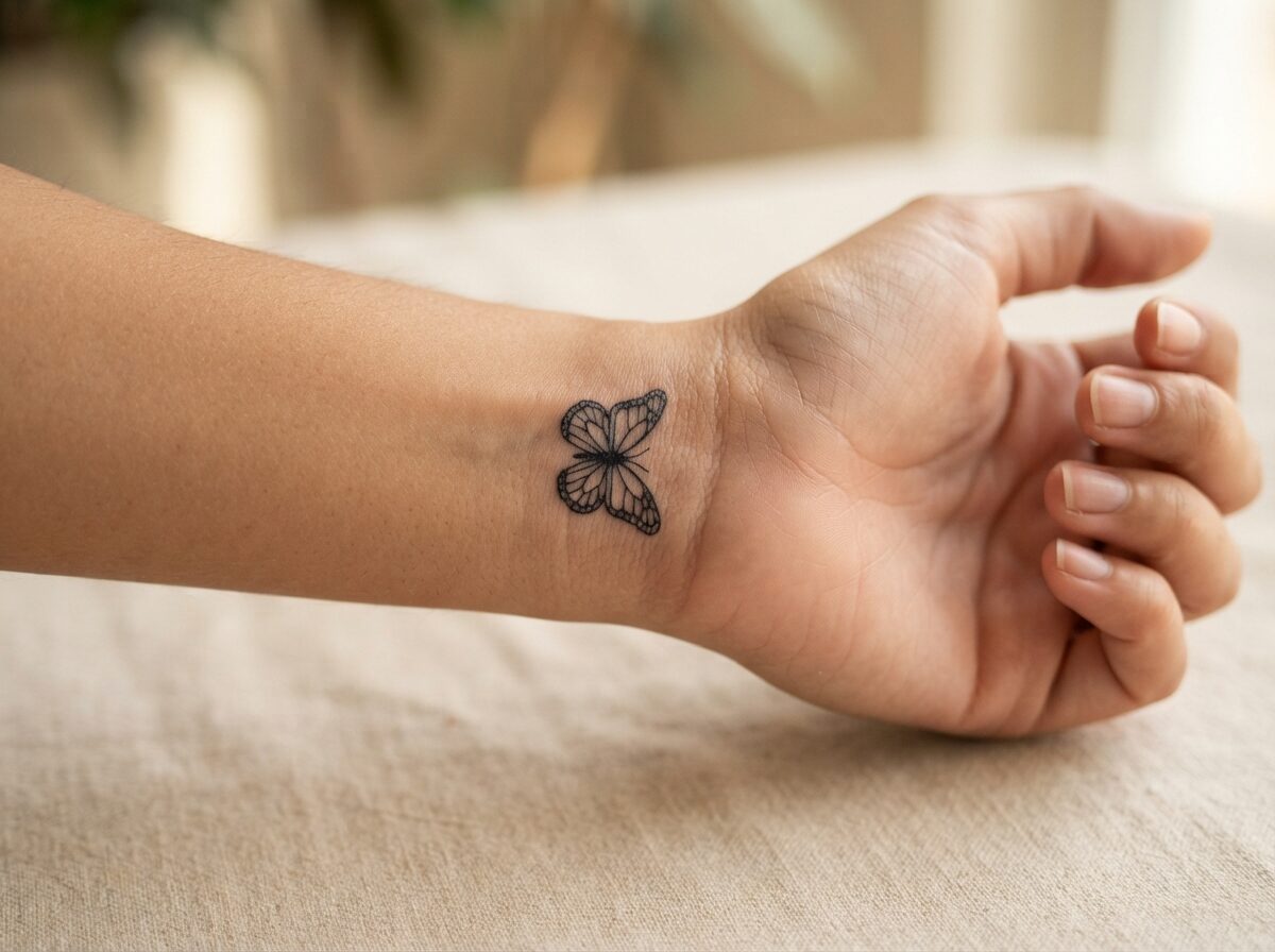 Minimalist monarch butterfly tattoo outline on the inner wrist
