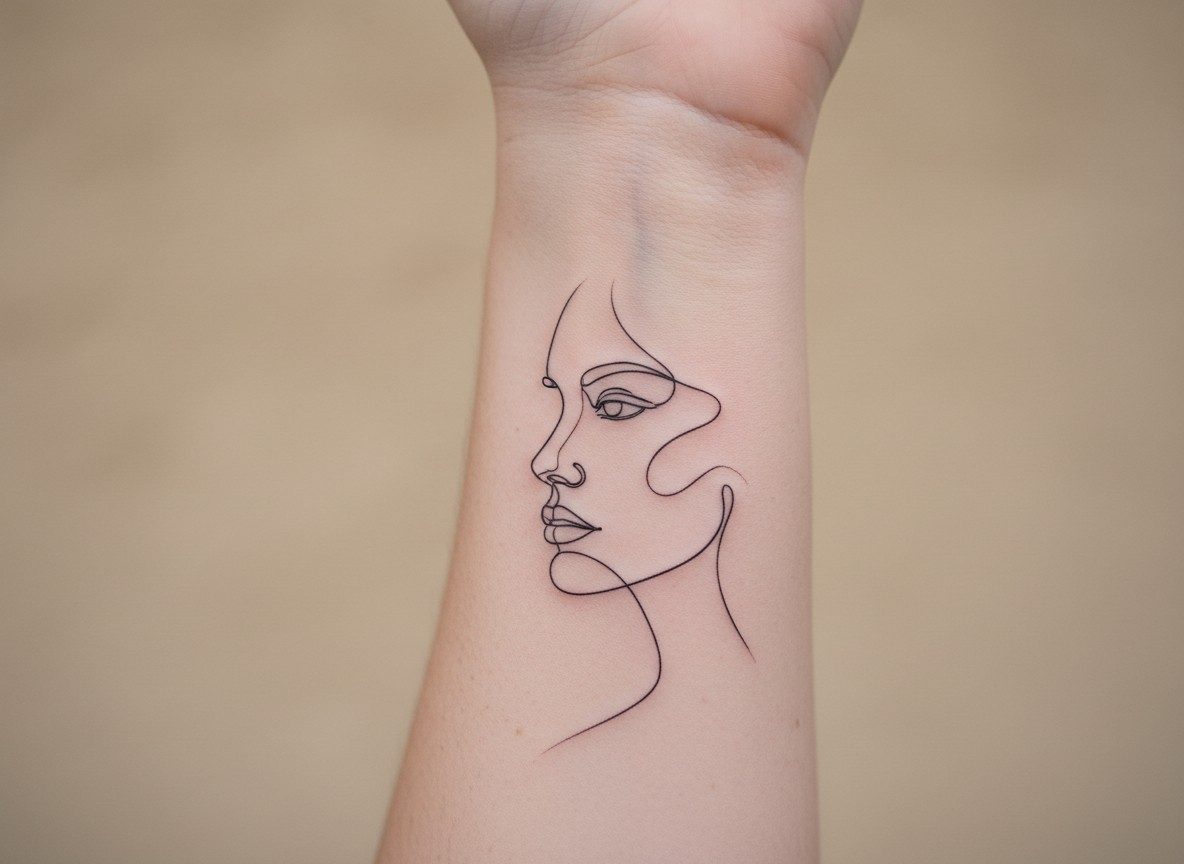 Minimalist tattoo: one line face on the inner forearm