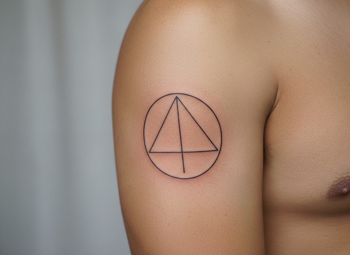 Minimalist tattoo: geometric circle and triangle on the upper arm