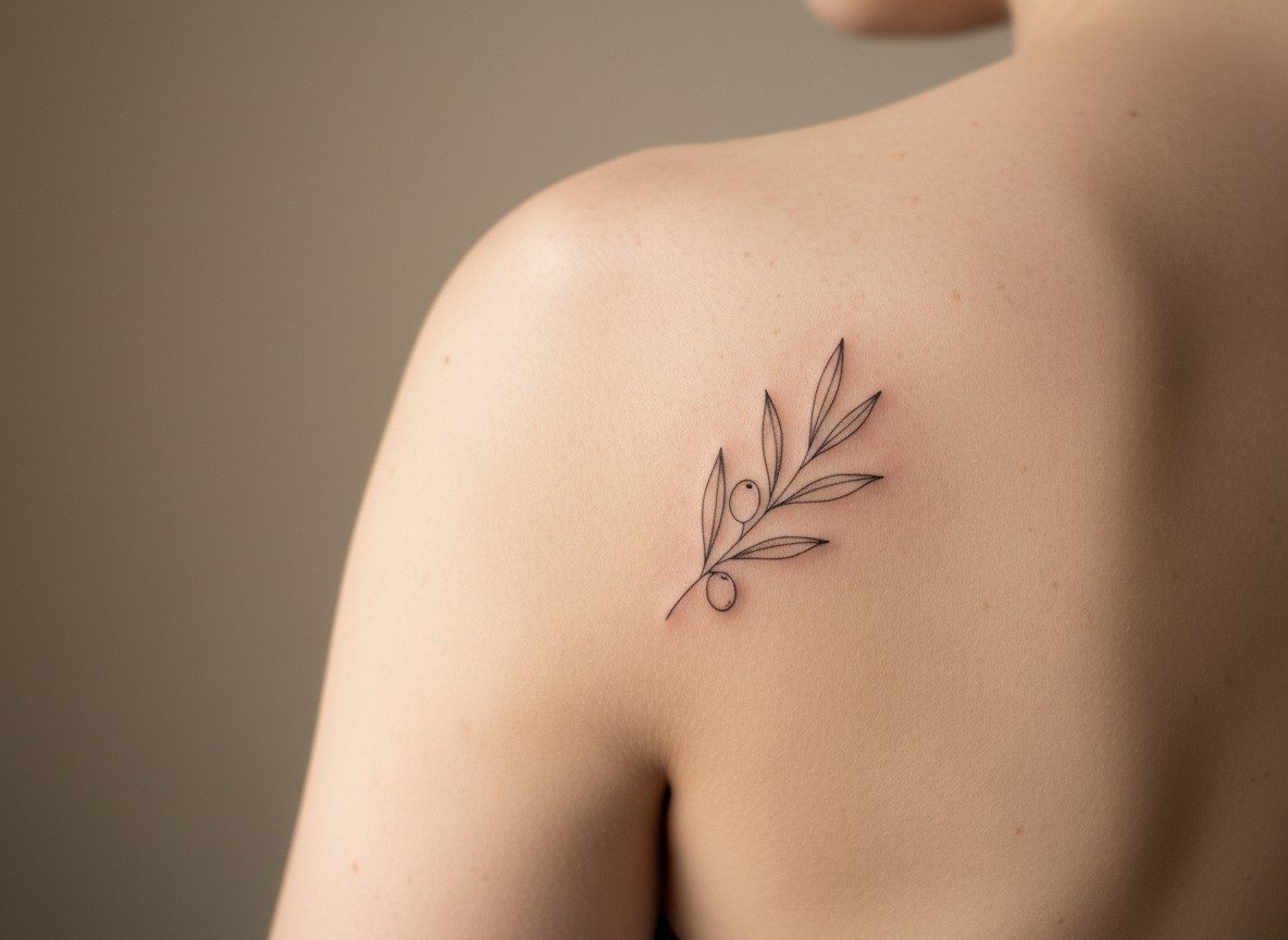 Minimalist tattoo: small olive branch on the back of the shoulder