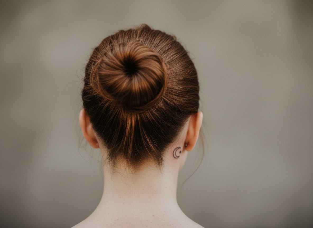 Minimalist tattoo: crescent moon on the skin behind the ear