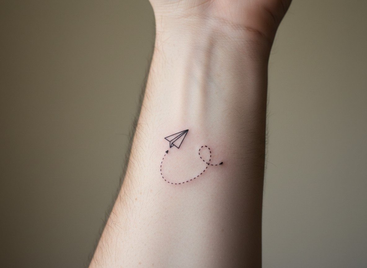 Minimalist tattoo: paper plane on the outer forearm