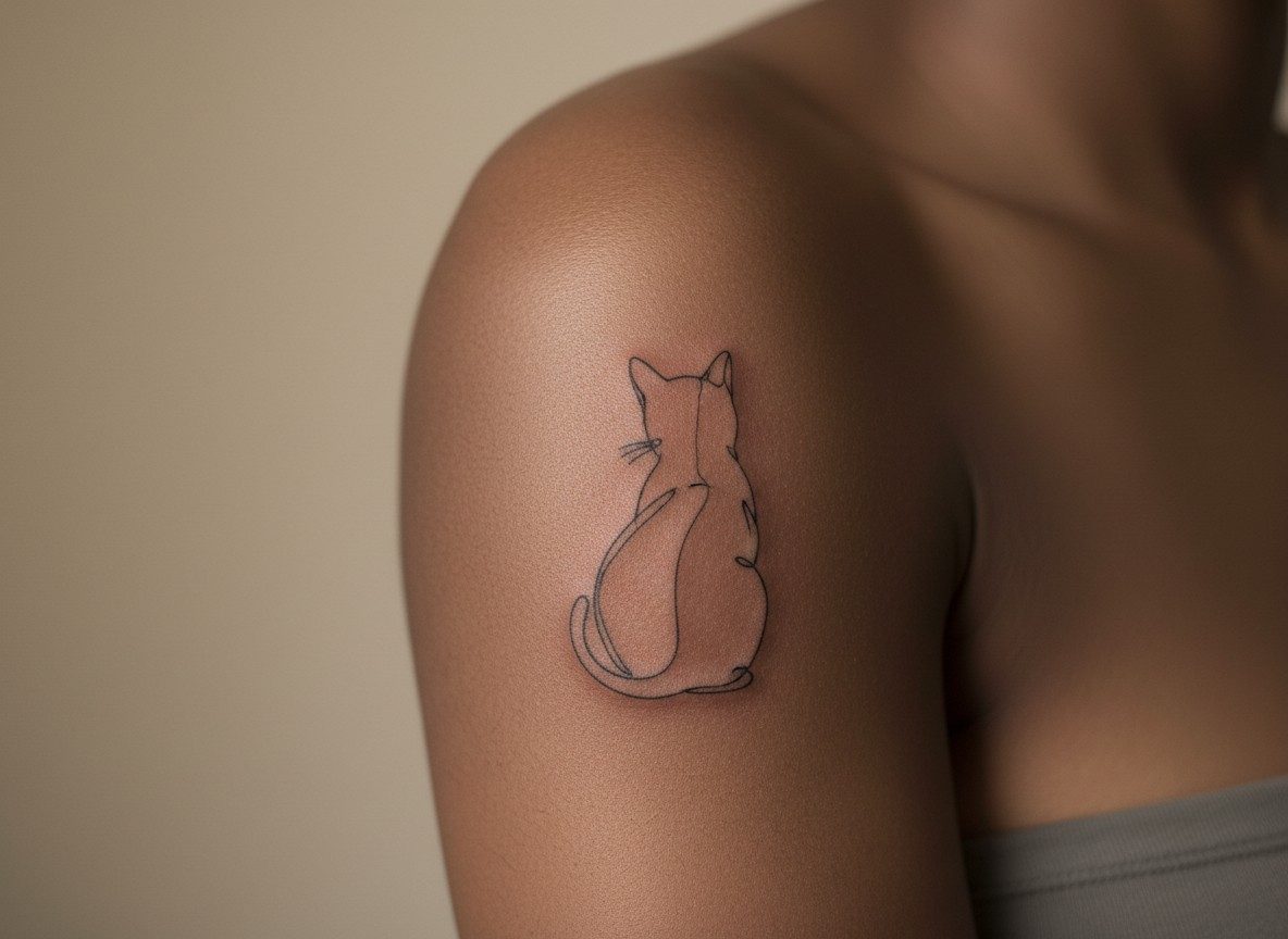 Minimalist tattoo: one line cat on the upper arm