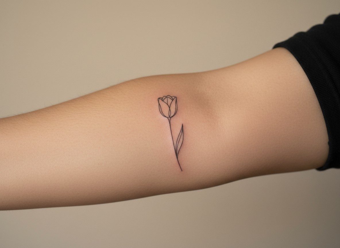 Minimalist tattoo: single line tulip on the inner forearm