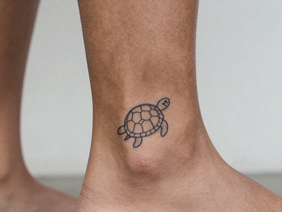 Tiny minimalist turtle outline with a hexagon shell tattoo on the ankle