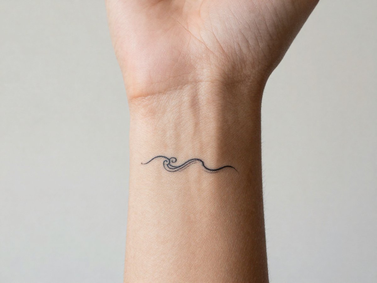 Tiny minimalist wave made of three curling lines tattoo on the inner wrist