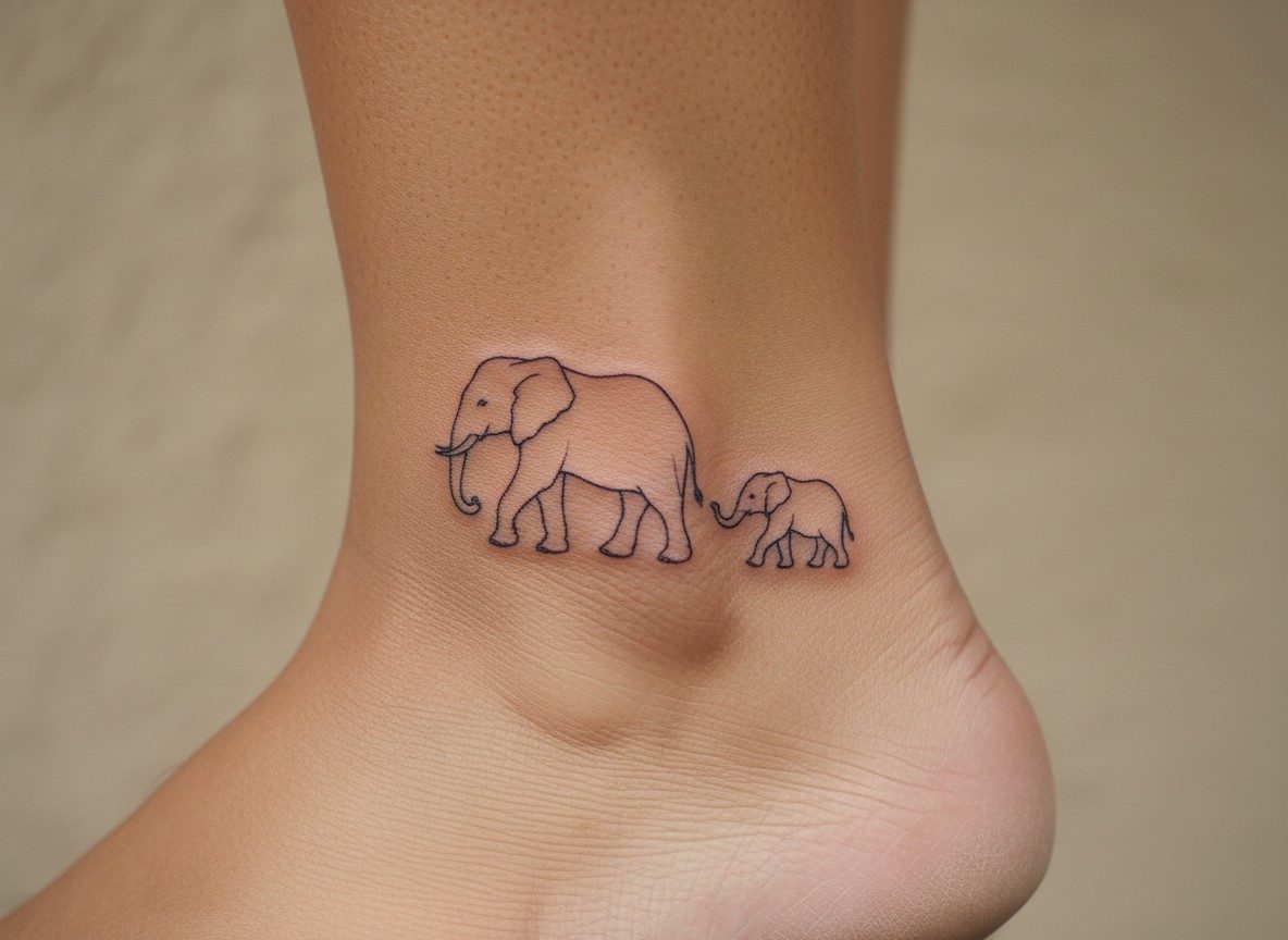 Mom tattoos: elephant mother and baby on the ankle