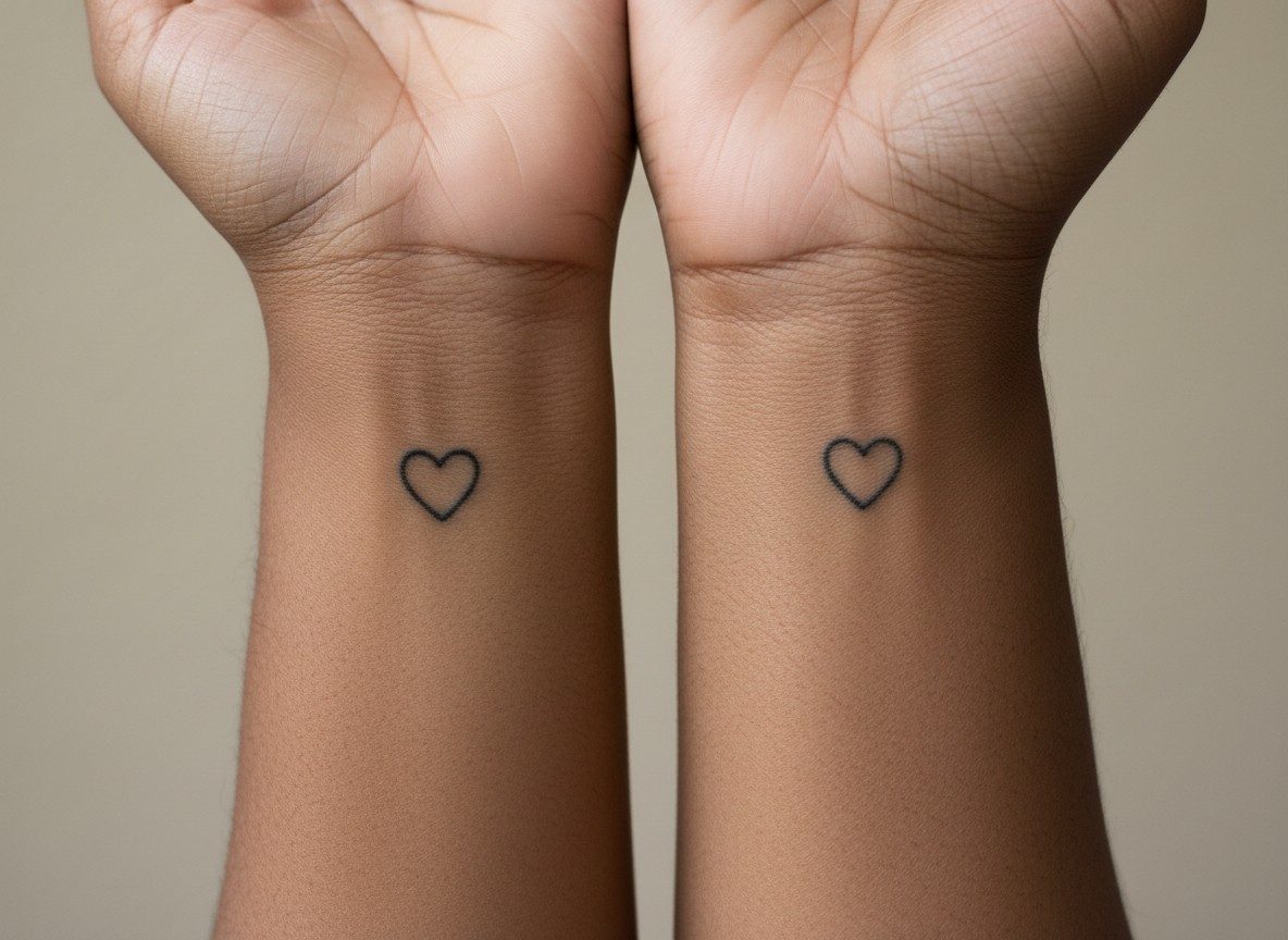 Mom tattoos: mother and daughter matching hearts on the inner wrists side by side