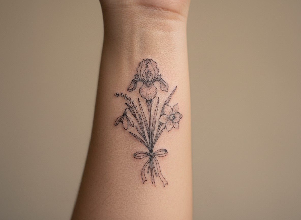 Mom tattoos: birth flowers bouquet on the outer forearm