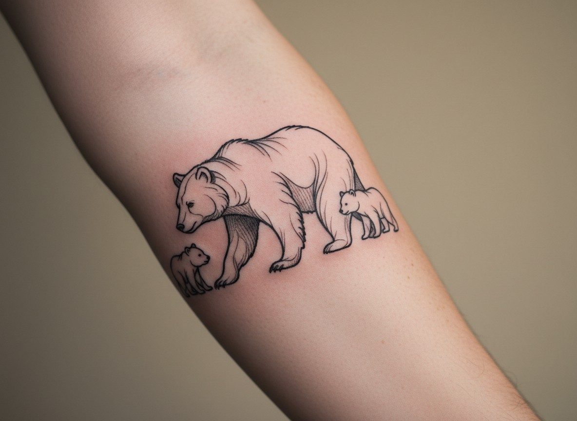 Mom tattoos: mama bear and cubs on the forearm