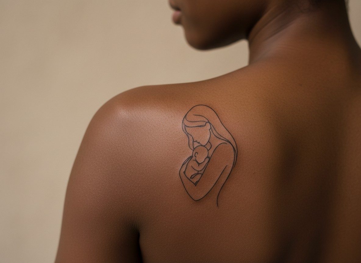 Mom tattoos: mother and child silhouette on the shoulder blade