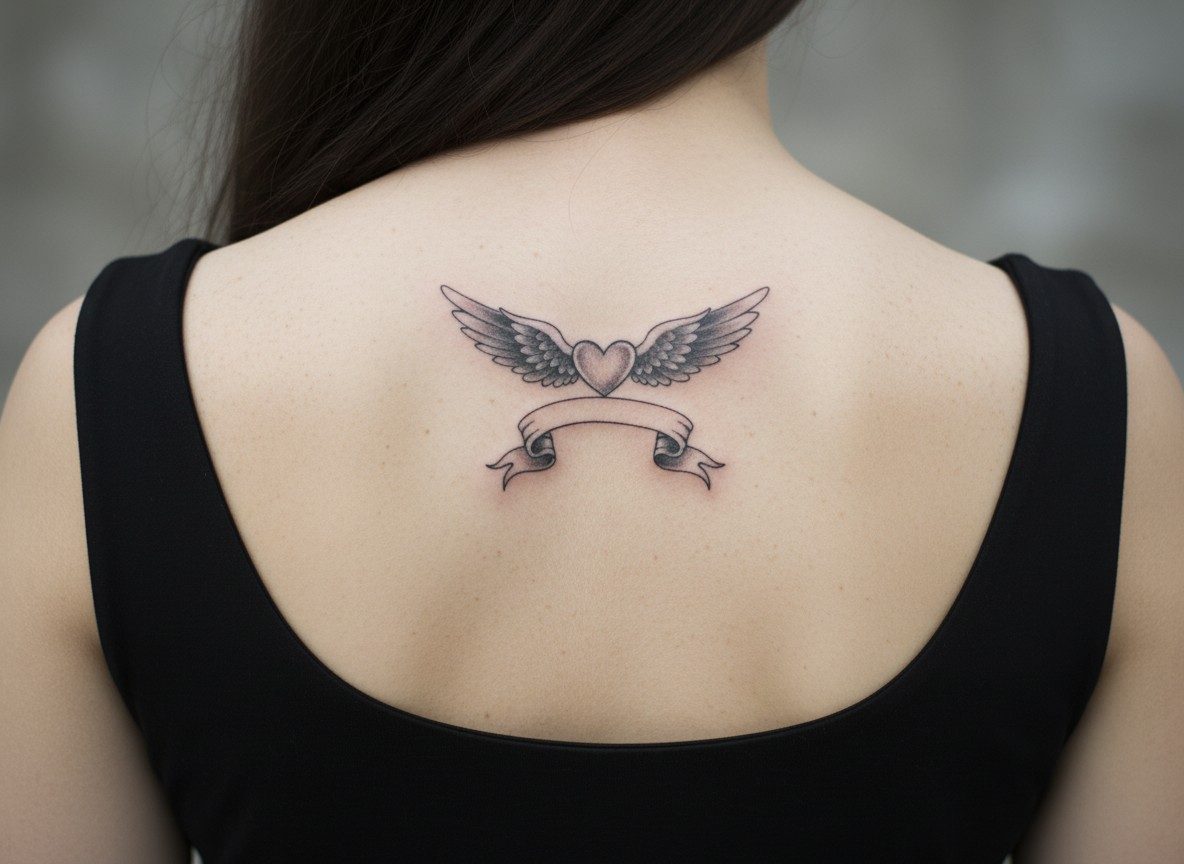 Mom tattoos: memorial mom wings on the upper back