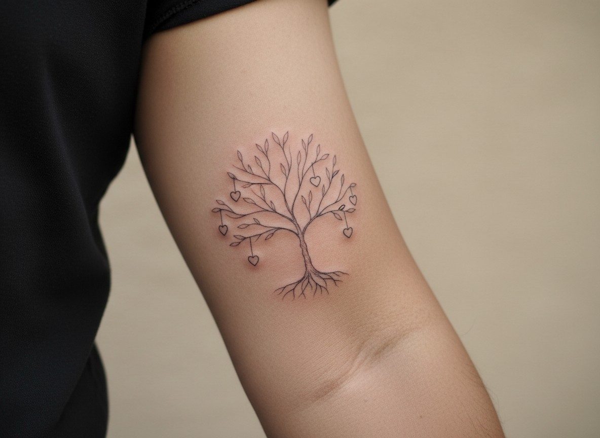 Mom tattoos: family tree on the upper arm