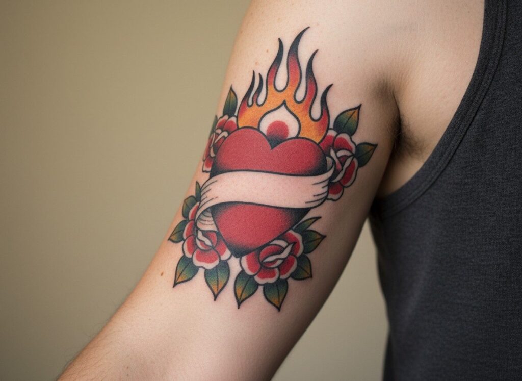 Mom tattoos: traditional heart with a banner on the upper arm