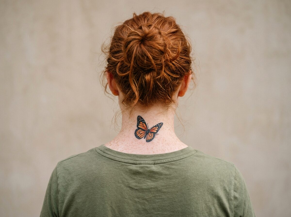 Monarch butterfly neck tattoo on the nape