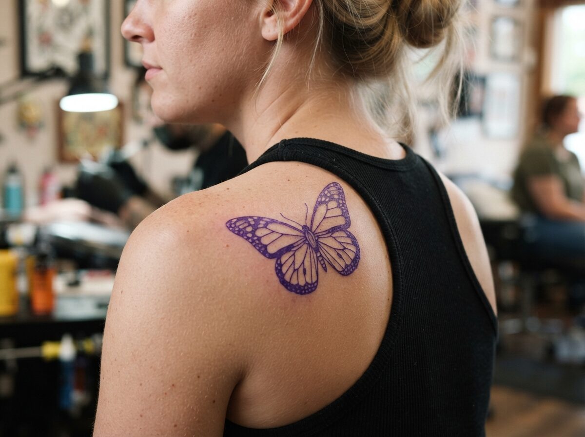 A monarch butterfly with its real wing vein pattern stencil on the shoulder