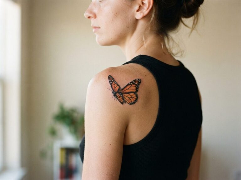 Monarch butterfly tattoo on the outer shoulder