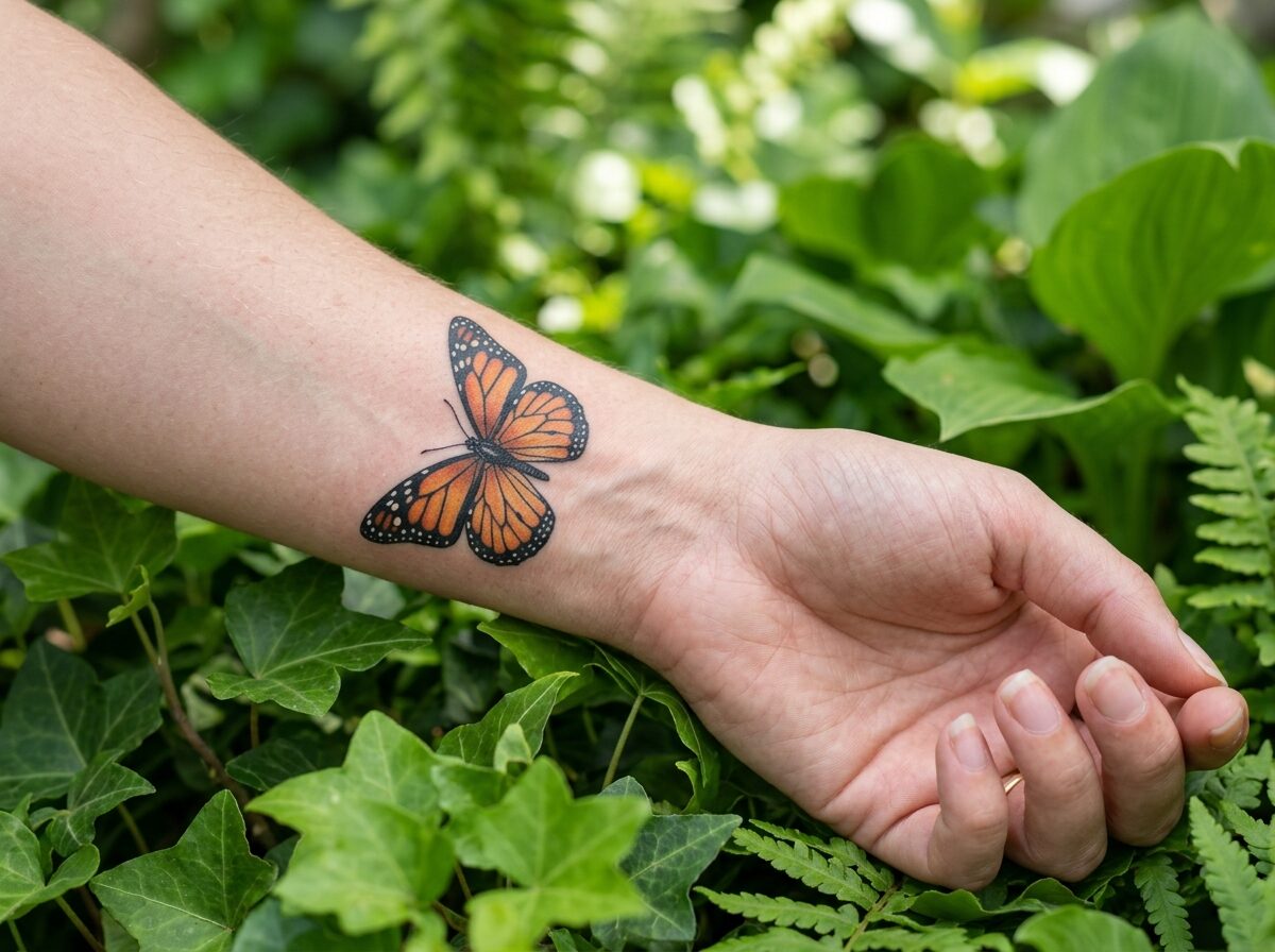 Monarch butterfly wrist tattoo