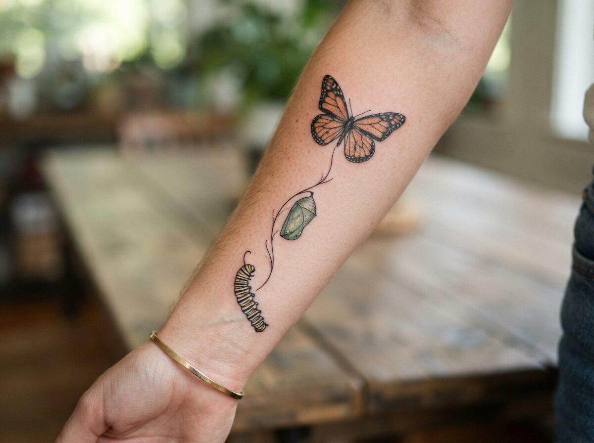 Monarch butterfly life cycle tattoo on the inner forearm