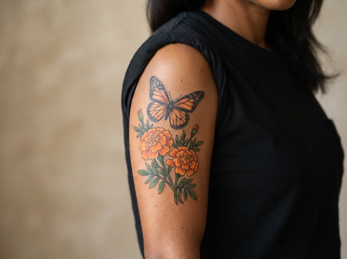 Monarch butterfly and marigold flowers tattoo on the upper arm
