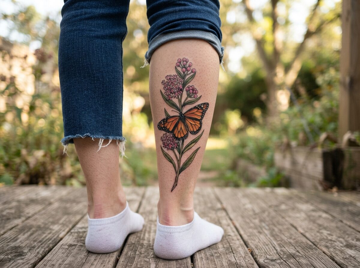 Monarch butterfly and milkweed flowers tattoo on the calf