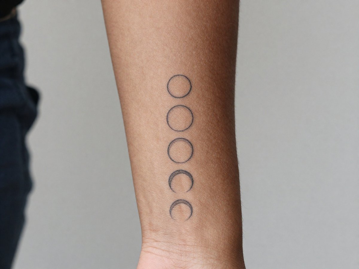 Vertical row of fine line moon phases tattoo on the inner forearm