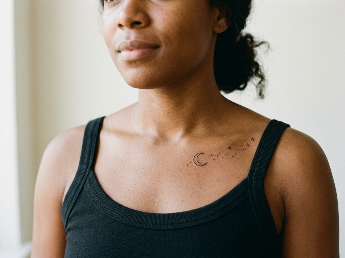 Moon and stars tattoo on the collarbone