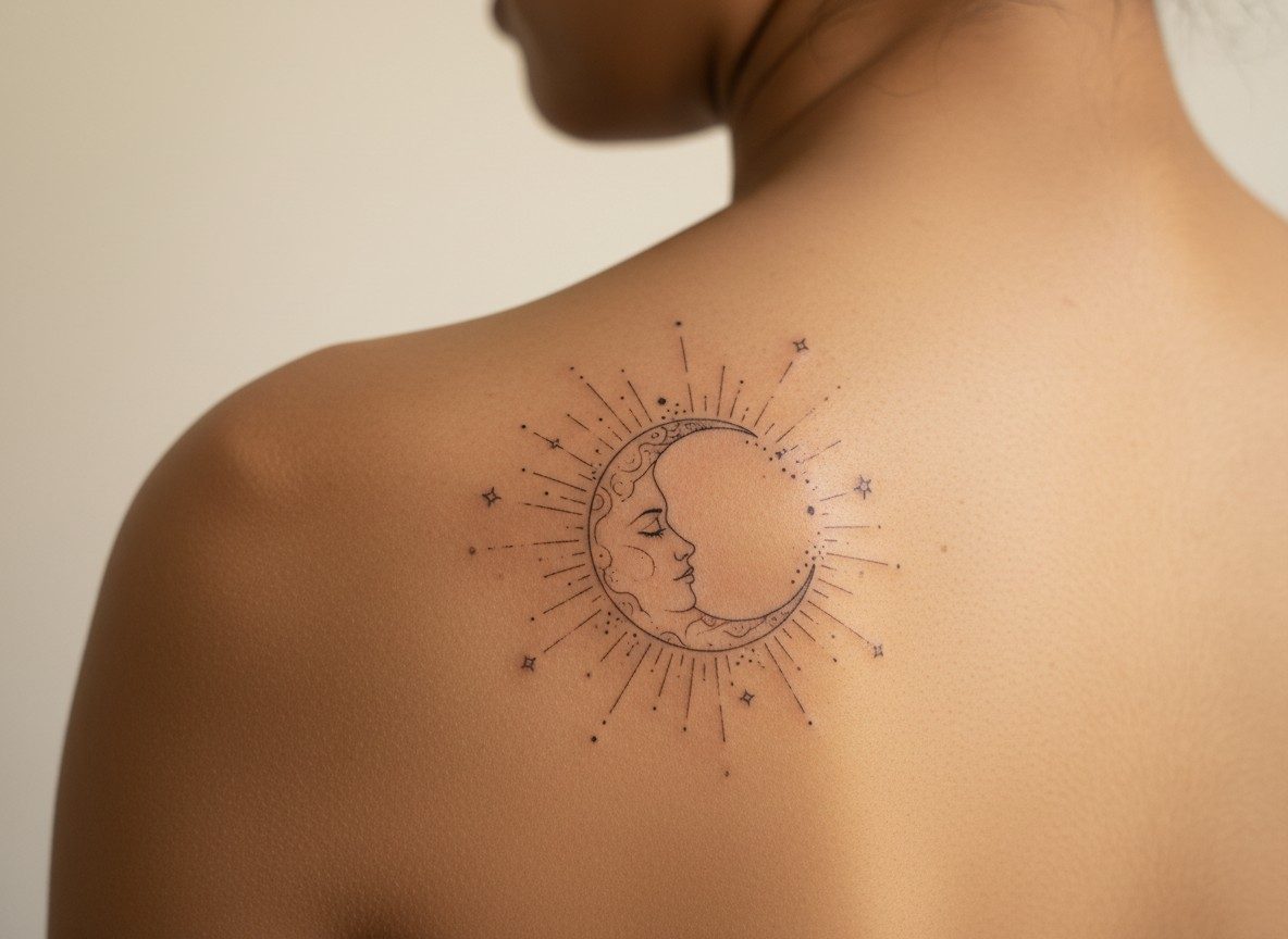 Moon tattoo: celestial moon face on the shoulder blade