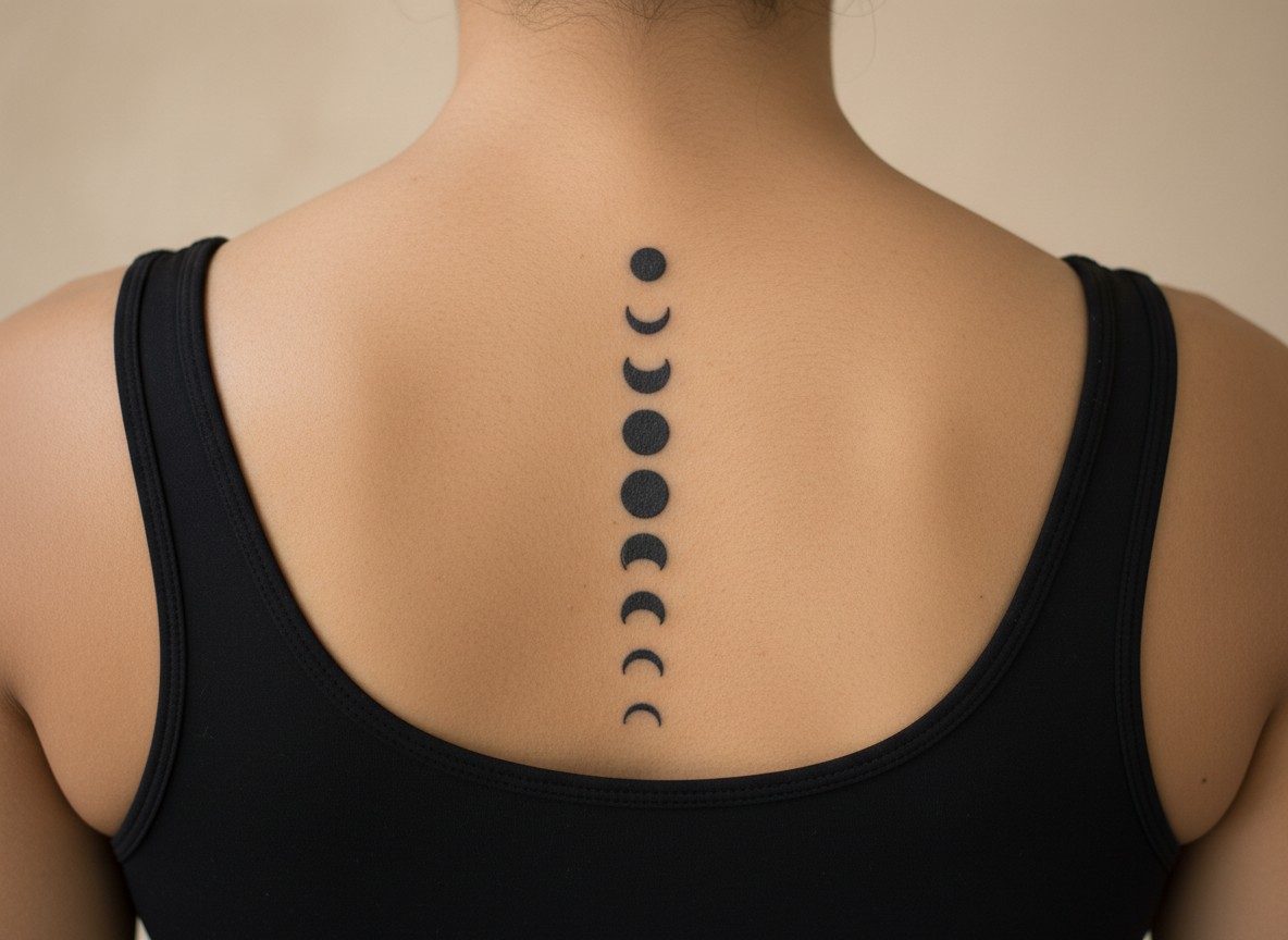 Moon tattoo: moon phases line on the upper spine