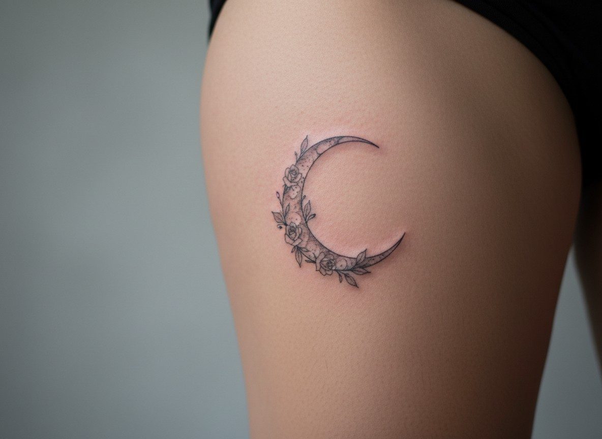 Moon tattoo: crescent moon with flowers on the outer thigh
