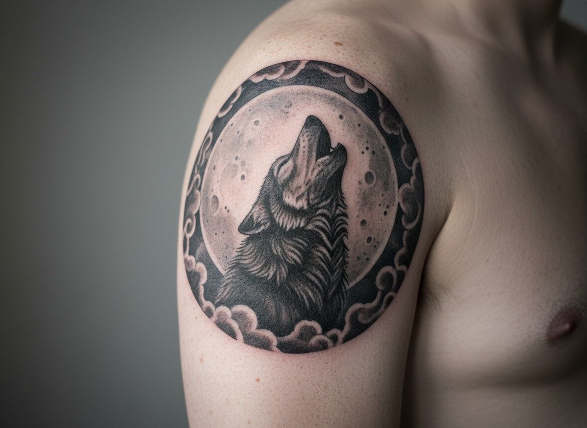 Moon tattoo: full moon with wolf on the upper arm