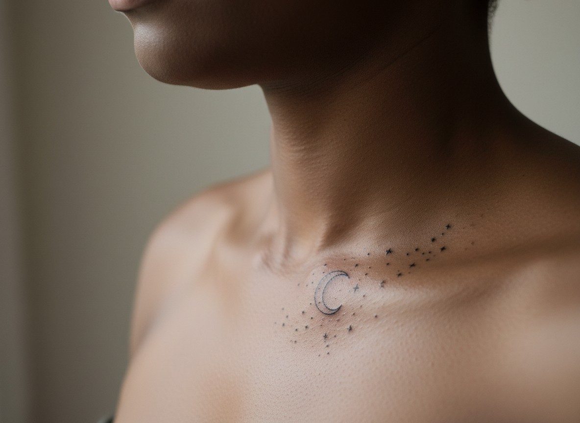 Moon tattoo: moon and stars cluster on the collarbone