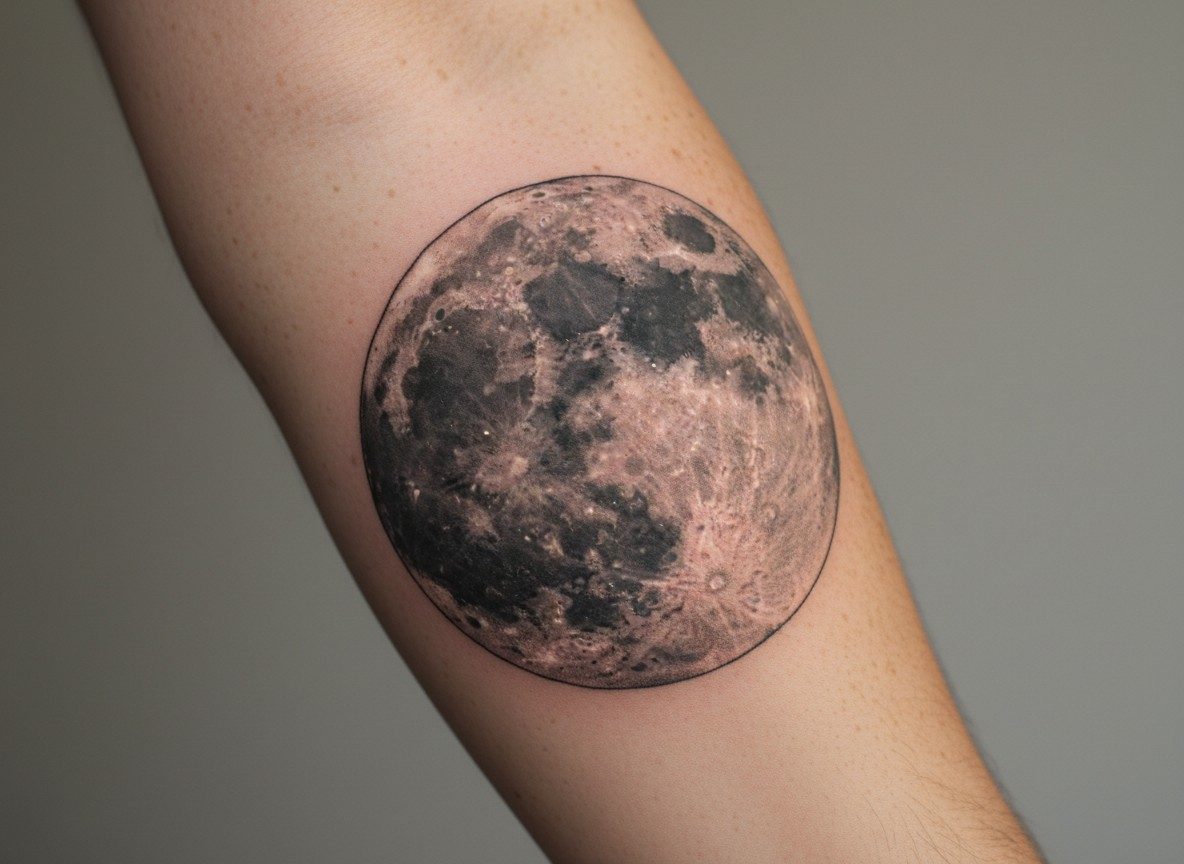 Moon tattoo: realistic full moon on the outer forearm