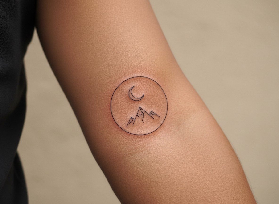 Moon tattoo: moon and mountains on the forearm