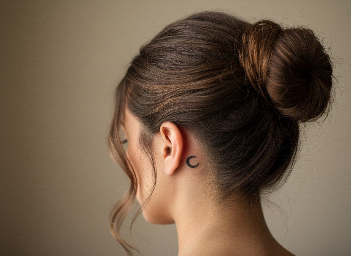 Moon tattoo: tiny moon behind the ear on the skin behind the ear