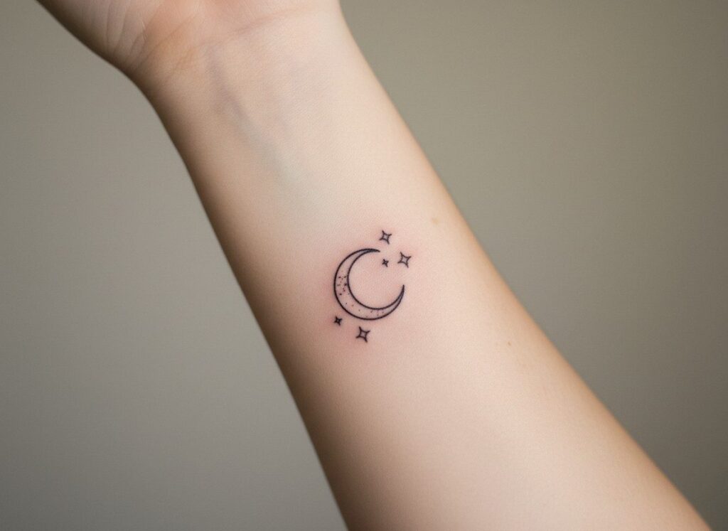 Moon tattoo: fine line crescent moon on the inner forearm