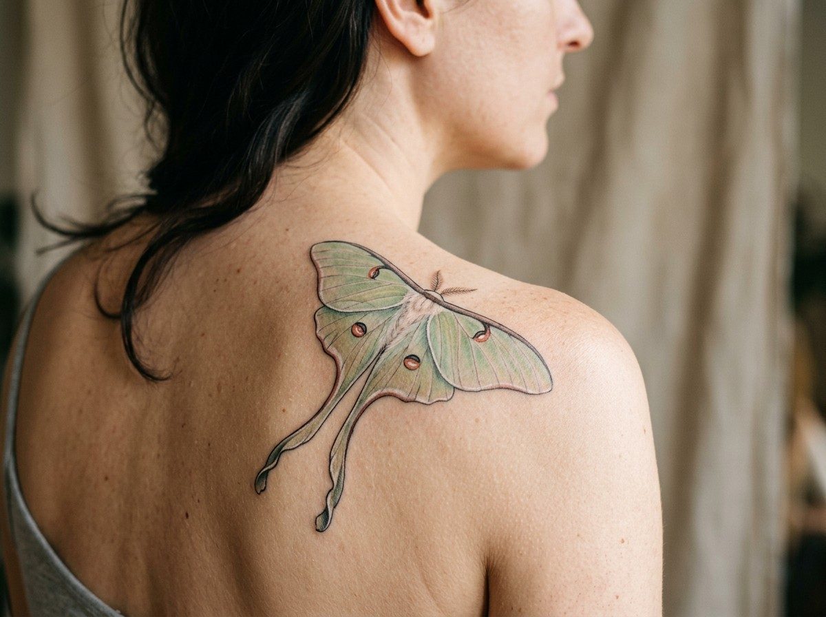 Moth tattoo: luna moth on the shoulder