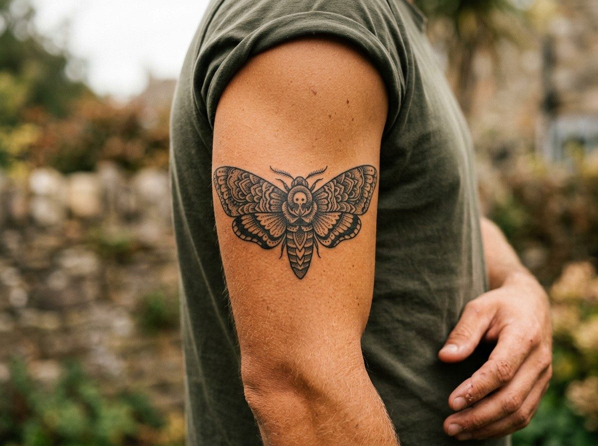 Moth tattoo: mandala moth on the upper arm