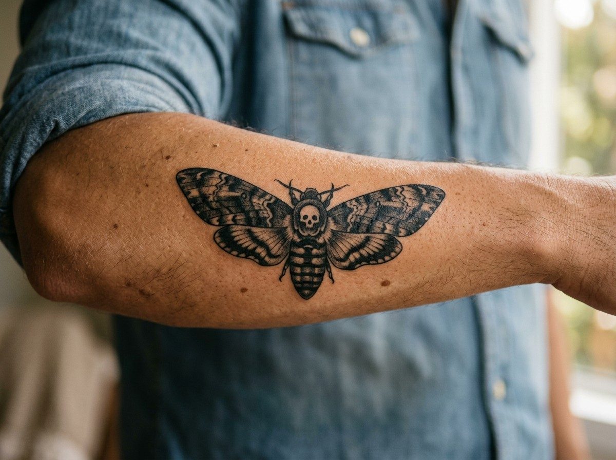 Moth tattoo: death moth on the outer forearm