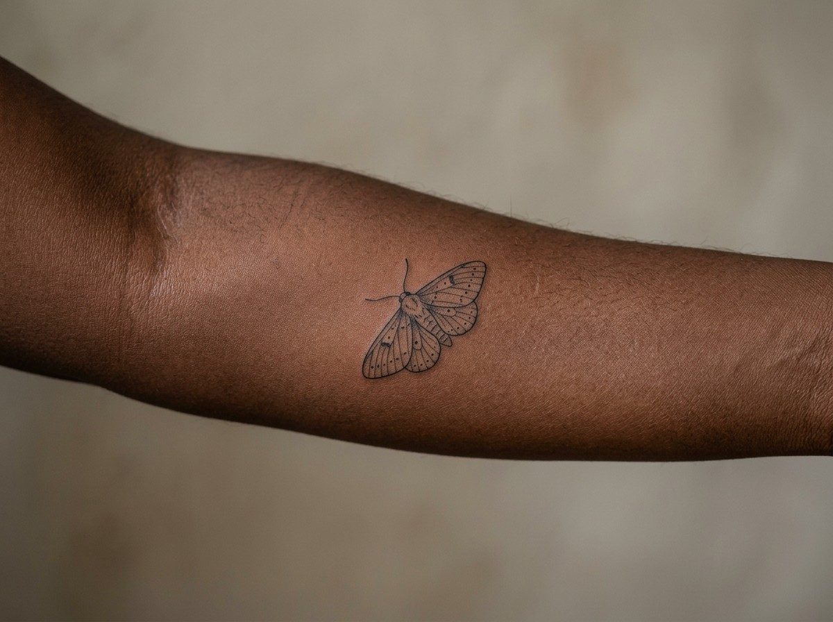 Moth tattoo: fine line moth on the inner forearm