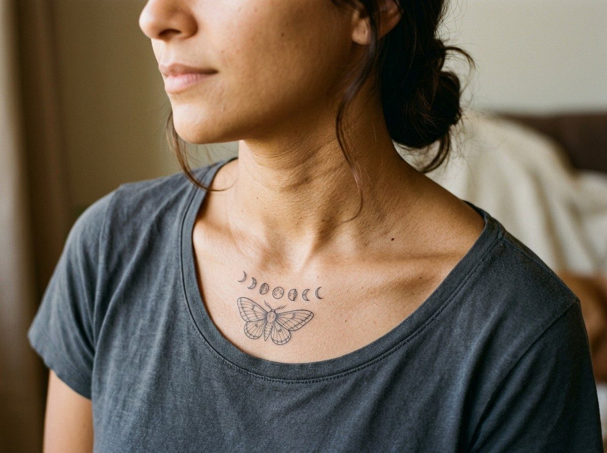Moth tattoo: moth and moon phases on the collarbone